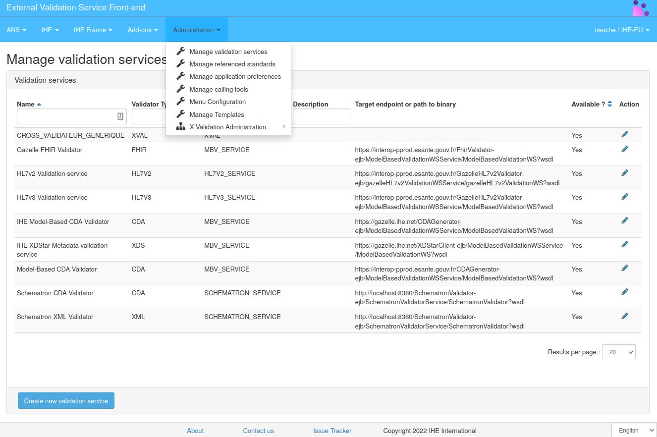 Manage Validation Services page